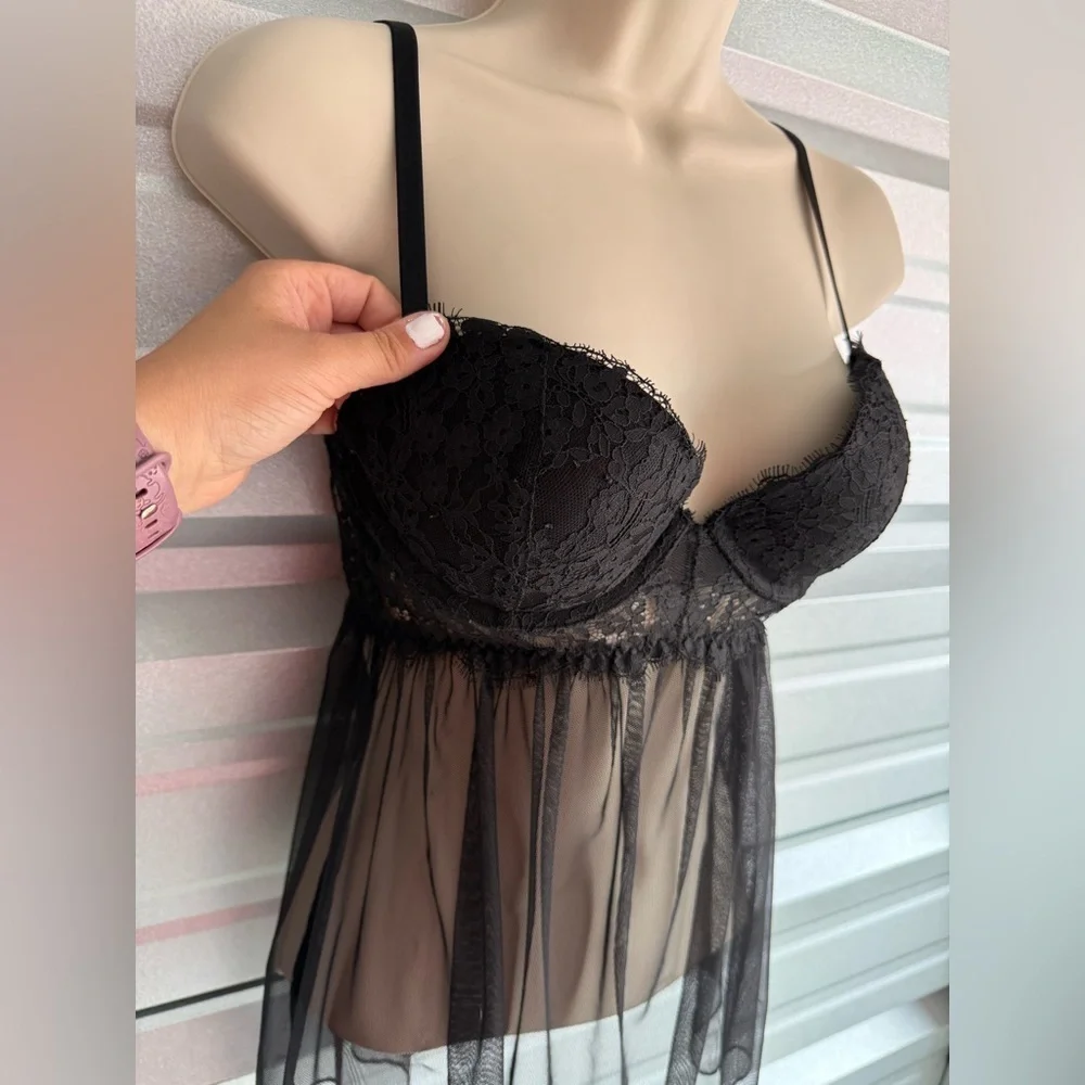 Women’s Victoria’s Secret Sexy Black Lace Lingerie Babydoll Sheer Top Size 34C - Picture 2 of 8